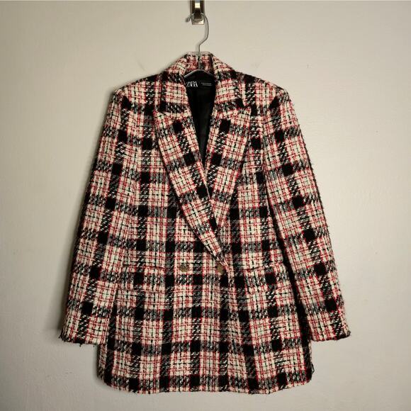 Zara Plaid Double Breasted Plaid Tweed Red Long Oversized Blazer Size M Holiday - Picture 3 of 16